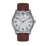 Elevon Crosswind Canvas-Overlaid Leather-Band Watch w/ Date - Silver/Brown - ELE128-1
